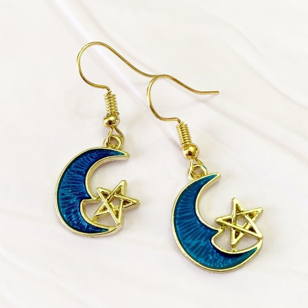 Beautiful Gold & Deep Blue Moon & Star Earrings